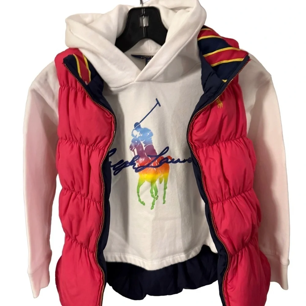 Ralph Lauren Girls 2 PCS Set Reversible Down Puffer Vest & White Hoodie M(8-10)